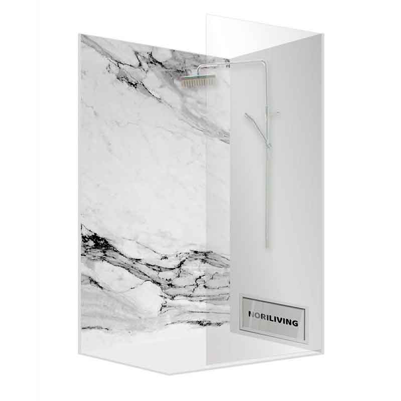 Duschkabine mit elegantem Marmormuster und gläserner Abtrennung