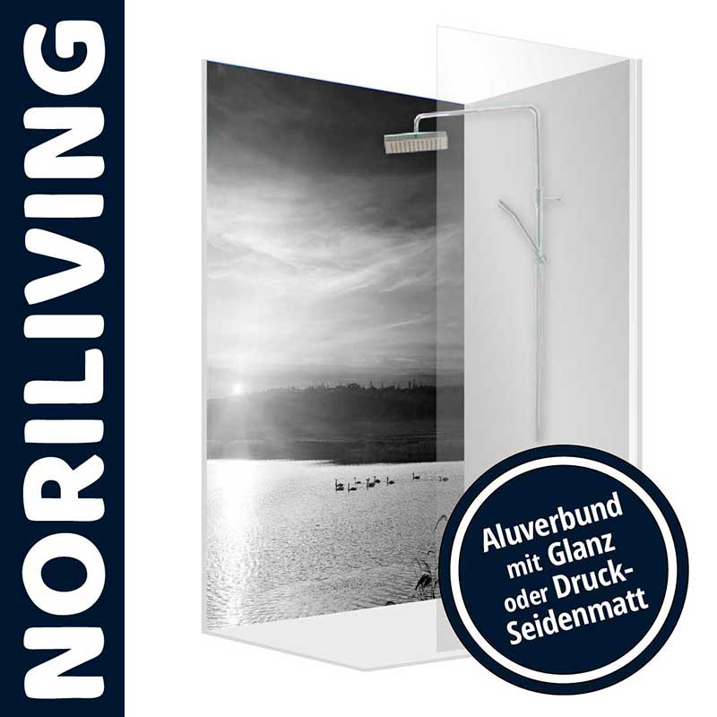 Duschwand von NORILIVING mit Aluverbund Material, glänzendem oder seidenmattem Druck, zeigt ein schwarz-weißes Landschaftsmotiv mit See und Wolkenhimmel.