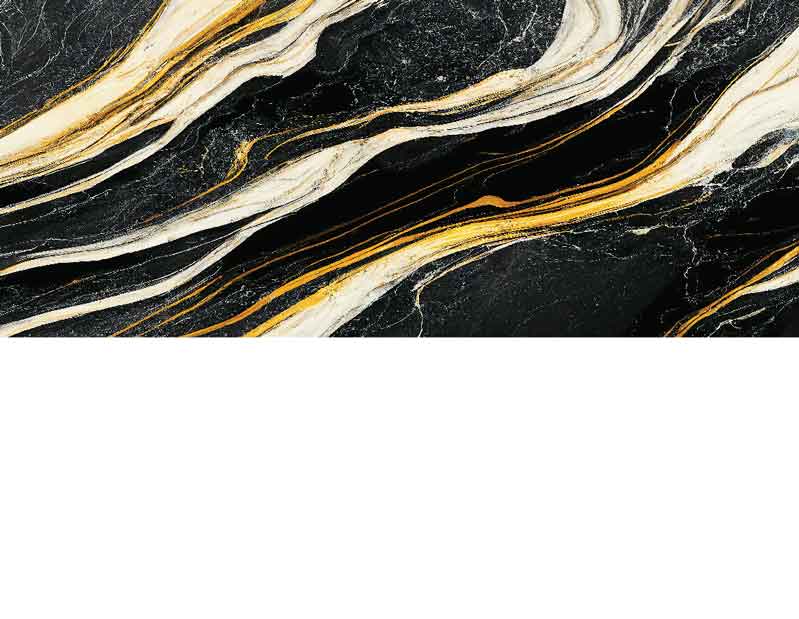 Detailaufnahme einer schwarz-goldenen Marmorkachel mit wellenförmigen Mustern