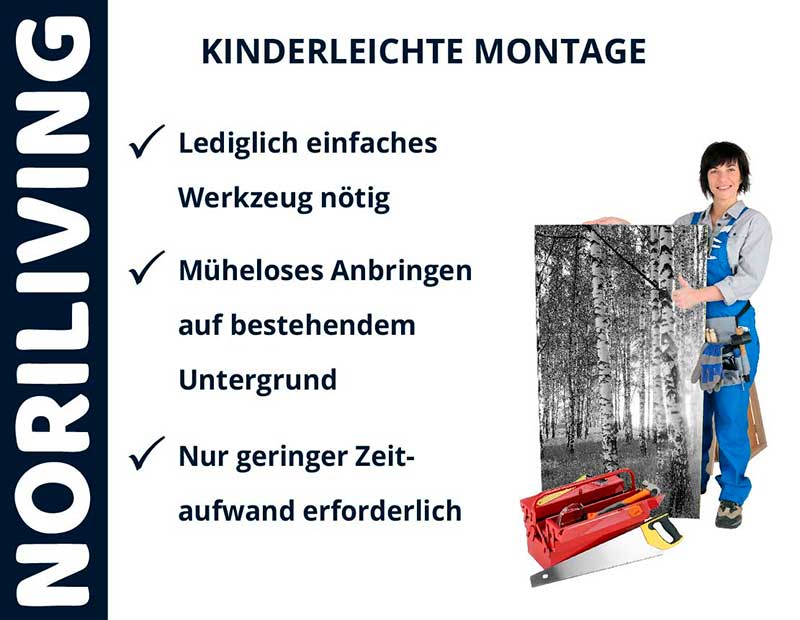 Kinderleichte Montage mit NORILIVING Produkten Montageanleitung von NORILIVING: Einfach, mühelos, zeitsparend. Person mit Bild und Werkzeugkasten vor weißem Hintergrund.