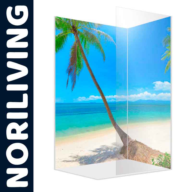 Duschwand von Noriliving mit tropischem Strand und Palmenmotiv