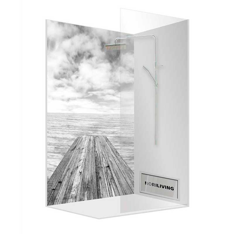 Moderne Duschrückwand mit grauem Steg-Motiv und integrierter Regendusche