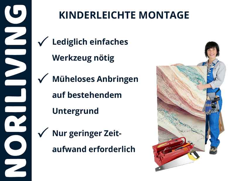 Person zeigt einfache Montage von Wandpaneelen mit Werkzeug. NORILIVING Schriftzug und Montagevorteile im Bild.