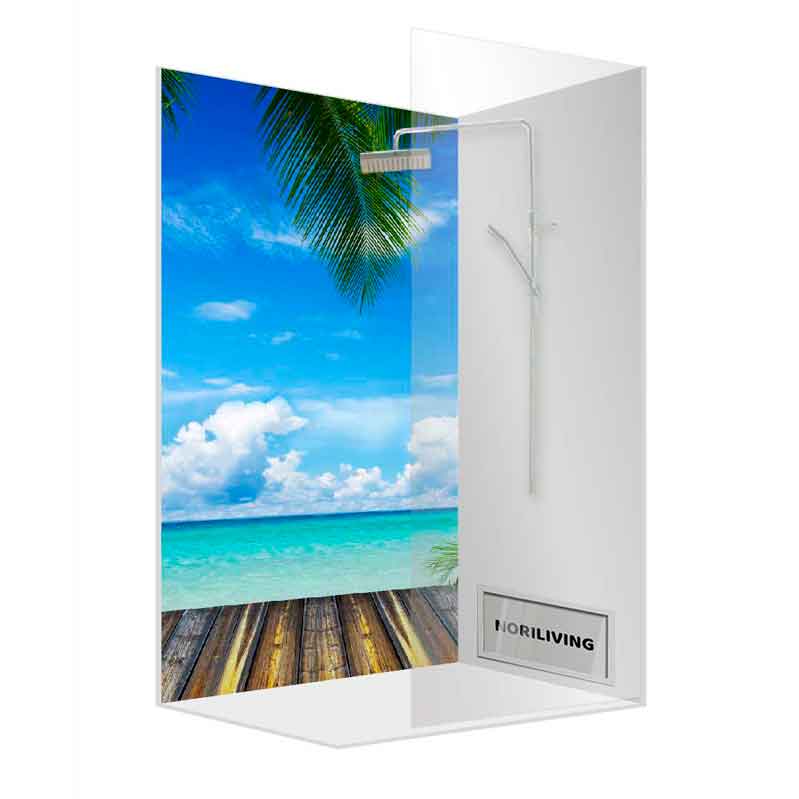 Glas-Duschwand mit Fotomotiv von Strand und Palmen, modernes Design