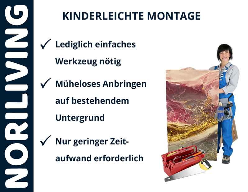 NORILIVING Montage: Frau in Arbeitskleidung mit Werkzeug und Gemälde vor einer Liste der Montagevorteile.
