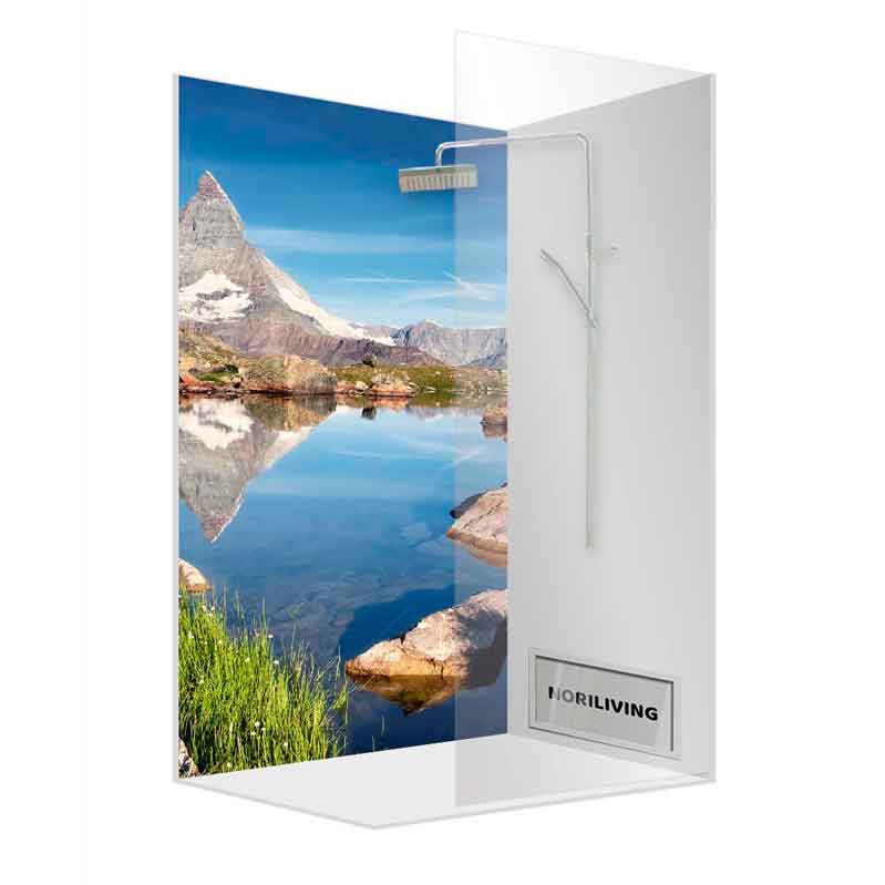 Duschwand mit Landschaftsmotiv – Entspannen Sie in der Natur Duschkabine mit großem Landschaftsbild eines Berges und Sees