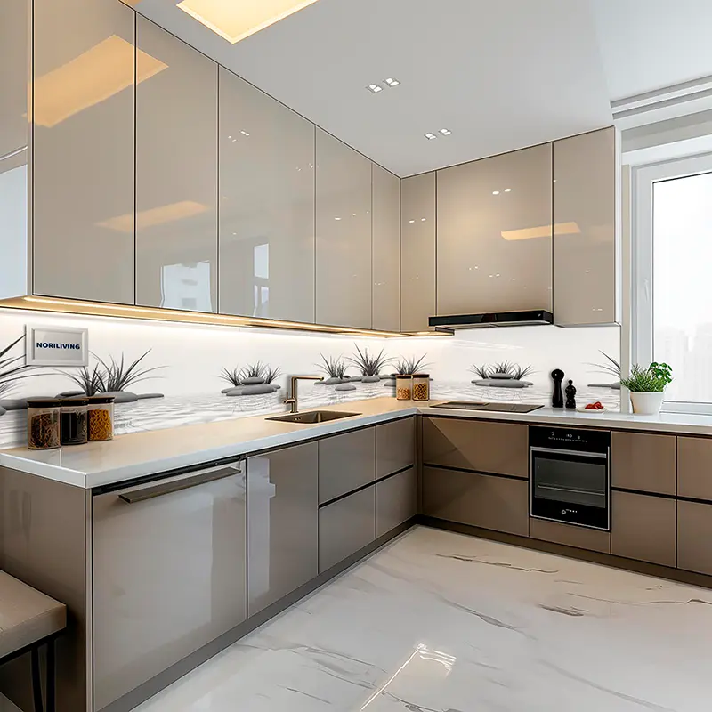 L-förmige Küche mit weißer Arbeitsplatte und Einbauofen