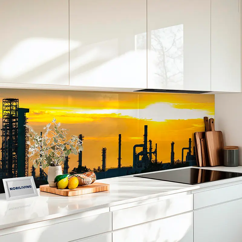 Küchenrückwand Echtglasoptik Profiline Raffinerie-Silhouette bei Sonnenuntergang 369
