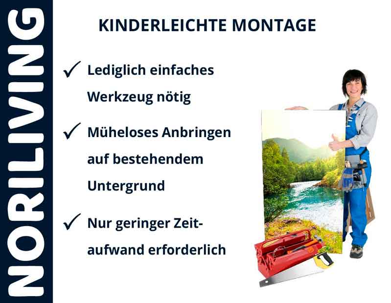 Einfache Montage mit minimalem Werkzeugaufwand Person neben Leinwand mit Landschaft, Text über einfache Montage und Werkzeuganforderungen