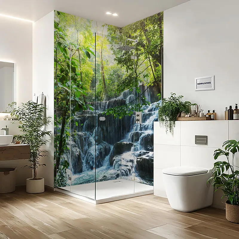 Duschrückwand Einzel | Ecke | Alu Wasserfall im Wald 082