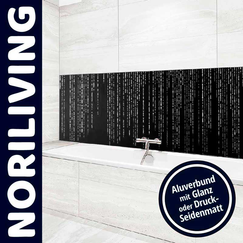 Badewanne mit stilvollem, schwarzem Aluverbund als Spritzschutz mit Glanz- oder Druck-Seidenmatt-Option von NORILIVING.