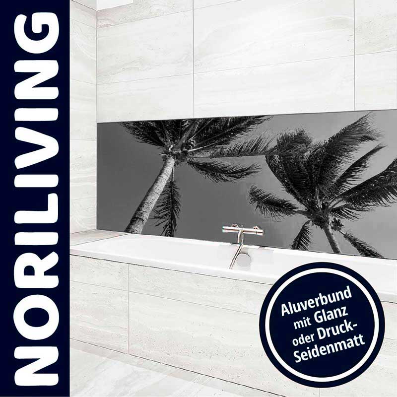 Badezimmer-Wandverkleidung aus Aluverbund mit Palmenmotiv Moderne Badezimmer-Wandverkleidung mit Palmenbild in Aluverbund, glänzend oder seidenmatt.