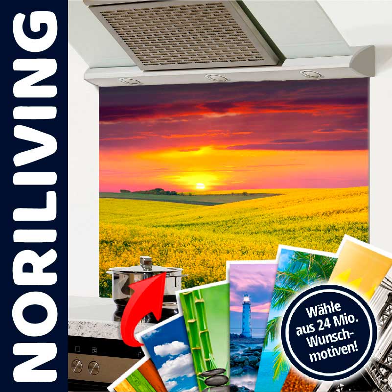 Dekorative Küchenrückwand von Noriliving mit farbenfrohem Sonnenuntergangsbild und Hinweis auf große Motivauswahl