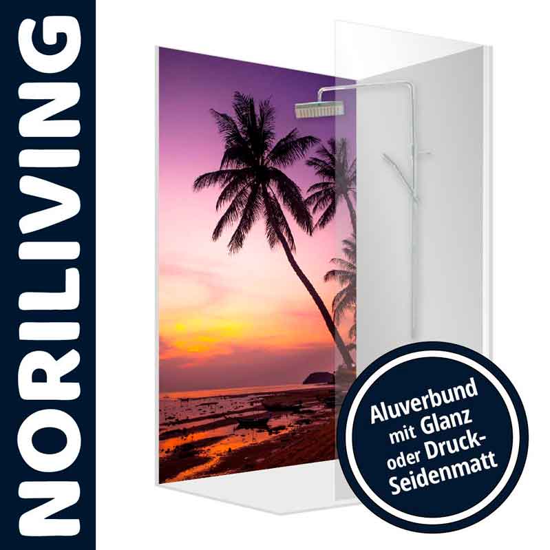 Duschrückwand mit Palmen- und Sonnenuntergangsmotiv, erhältlich in glänzender oder seidmatter Oberfläche von Noriliving