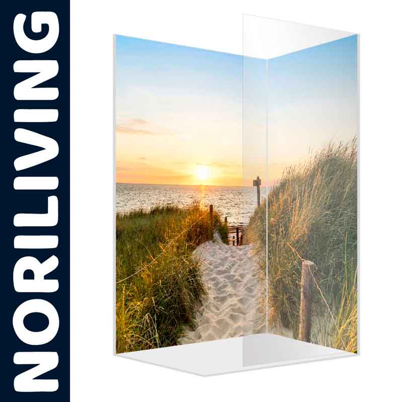 Duschwand mit Dünen- und Strandmotiv am Sonnenuntergang Duschwand mit einer Fotografie von Dünen, einem Sandpfad und einem Sonnenuntergang am Meer, präsentiert von NoriLiving