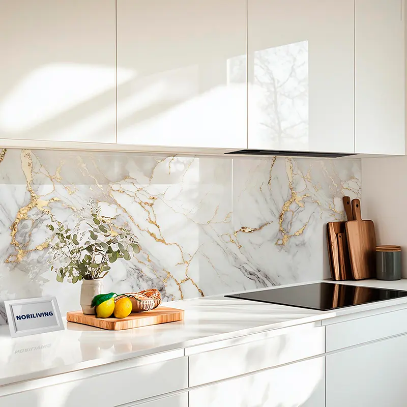 Küchenrückwand Alu Marmor hellgrau mit goldfarbigen Einschlüssen 053