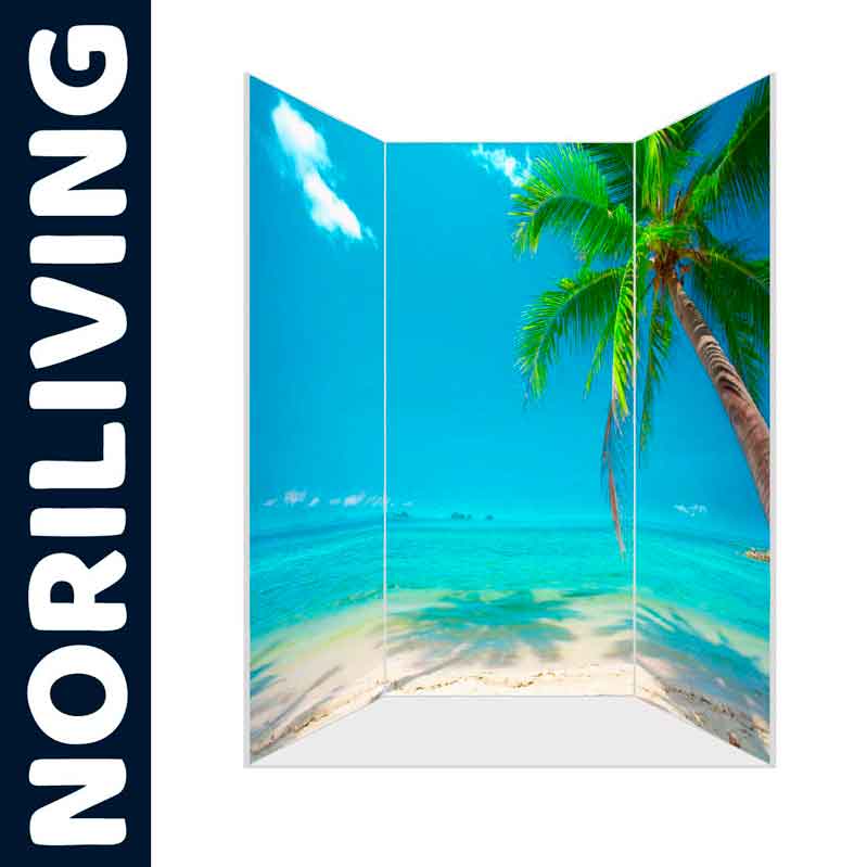 Paravent mit Strandmotiv und Palme Dreiteiliger Raumteiler mit tropischem Strand und Palme vor blauem Himmel von NORILIVING