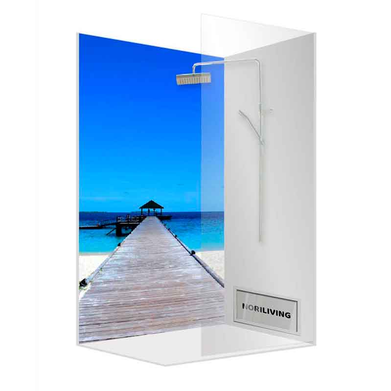 Moderne Duschkabine mit Karibik-Motiv Duschkabine mit Glaswand und Karibik-Landschaft