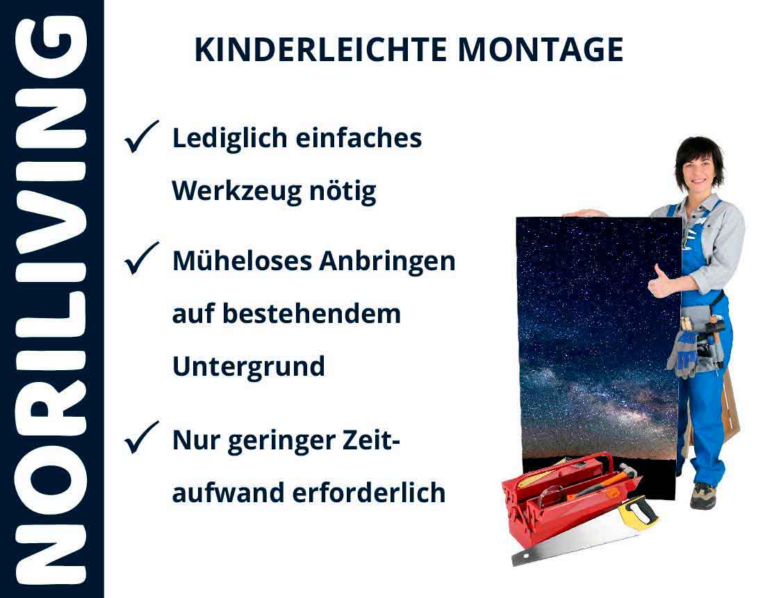 Frau präsentiert Noriliving-Produkt mit einfacher Montage, erforderliches Werkzeug und wenig Zeitaufwand