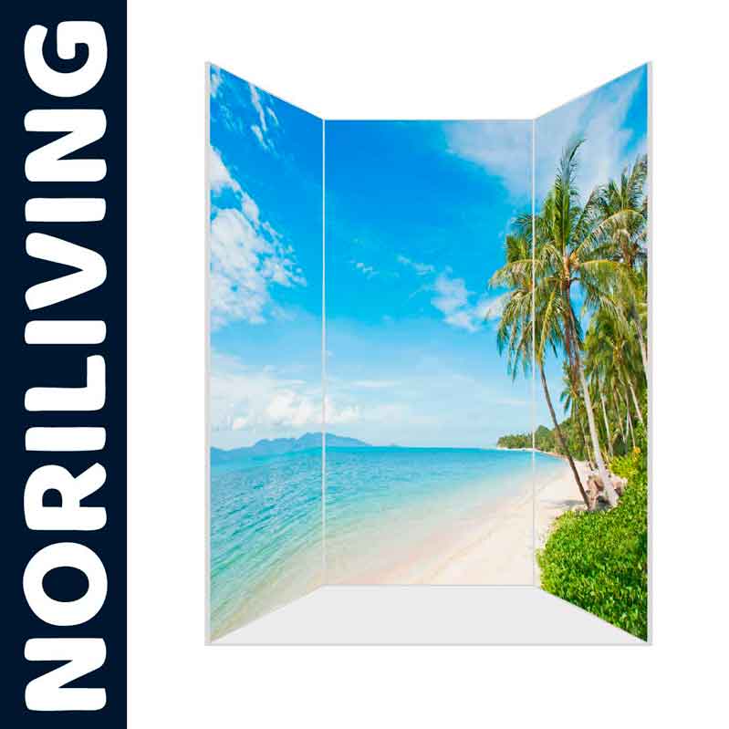 NORILIVING Raumteiler zeigt tropischen Strand mit Palmen und blauem Himmel