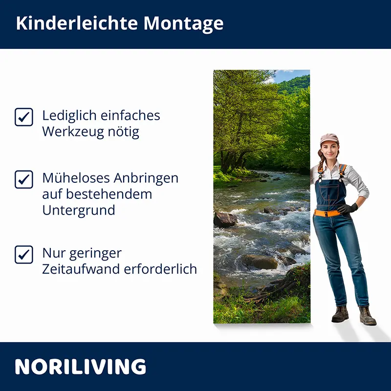 Fluss-Wandbild mit Montagehinweis und Handwerkerin