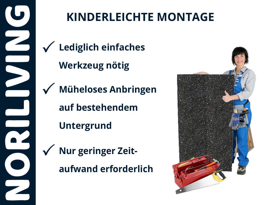 Einfacher Montageprozess mit minimalem Werkzeugaufwand Frau in Arbeitskleidung zeigt ein leicht montierbares Material mit Werkzeugen auf dem Boden