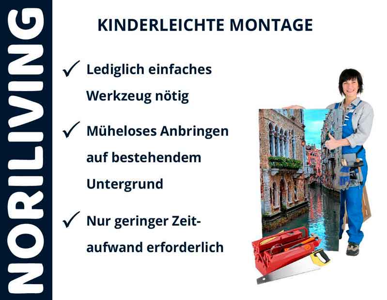 Einfache Montage mit wenig Werkzeug für Dekorationen Person hält ein Bild von Venedig, Text 'NORILIVING kinderleichte Montage' mit Werkzeug im Vordergrund