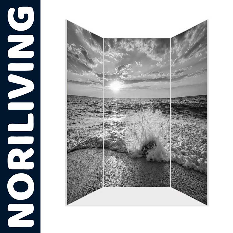 Raumteiler mit Meerlandschaft von NORILIVING Dreiteiliger Raumteiler mit Schwarz-Weiß-Motiv einer Welle am Meer, Markenname NORILIVING links im Bild