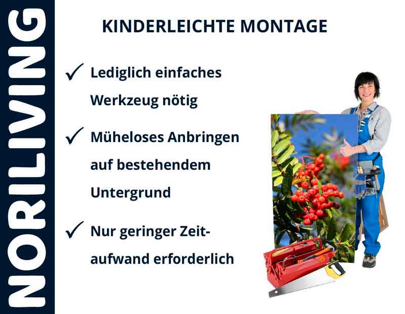 Handwerker in blauem Overall zeigt kinderleichte Montage mit Noriliving, benötigt nur einfaches Werkzeug und minimalen Zeitaufwand.