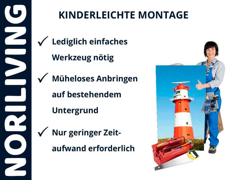 Plakat von NORILIVING mit den Vorteilen der kinderleichten Montage: einfache Werkzeuge, problemlose Anbringung und geringer Zeitaufwand. Frau in Arbeitskleidung hält Bild eines Leuchtturms.