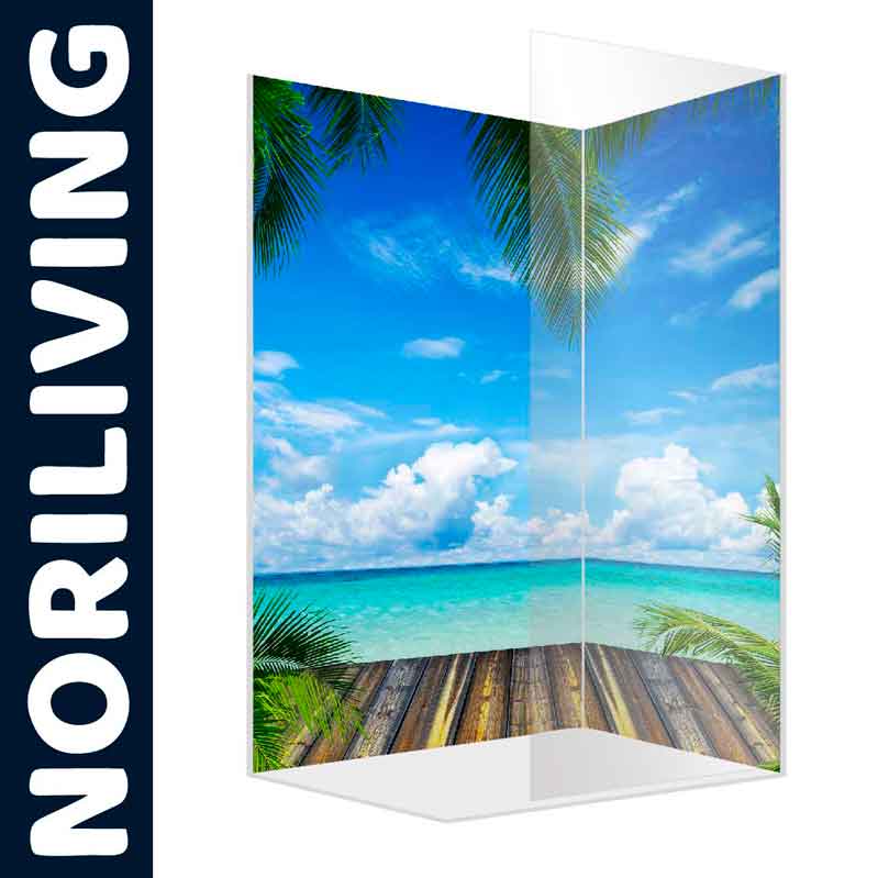 Dekorative Duschwand mit Strandmotiv von Noriliving Duschwand mit tropischem Strandmotiv und Palmen von Noriliving