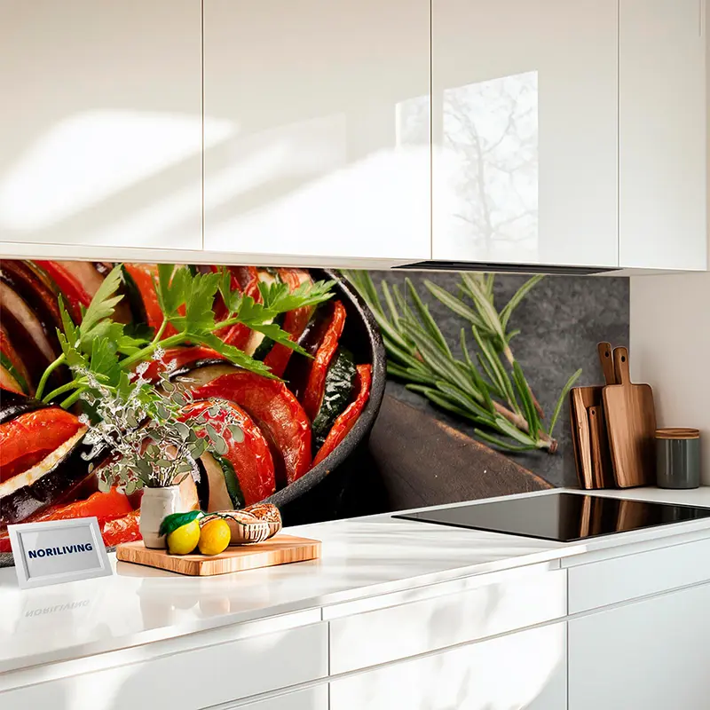 Küchenrückwand Alu Ratatouille-Auflauf auf dunklem Hintergrund 396