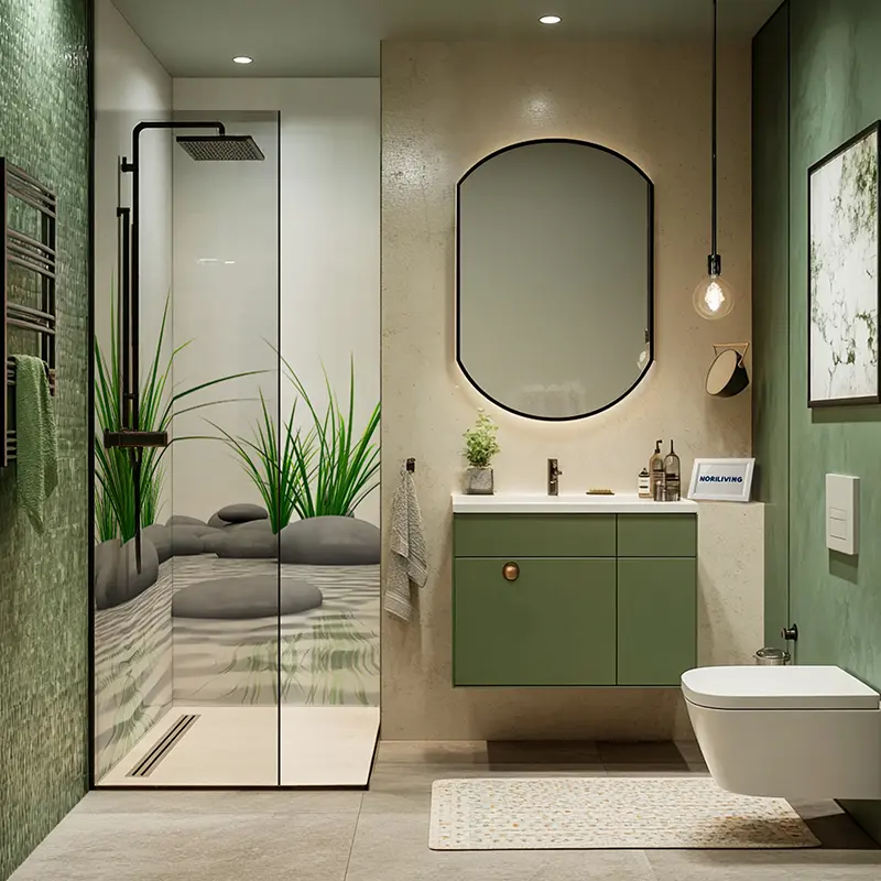 Badezimmer mit Dusche, Pflanzen und wandhängendem WC