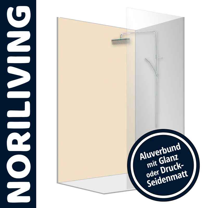 NORILIVING Dusche mit Aluverbundwand in Glanz- oder Druck-Seidenmatt-Optik, beige Hintergrund.
