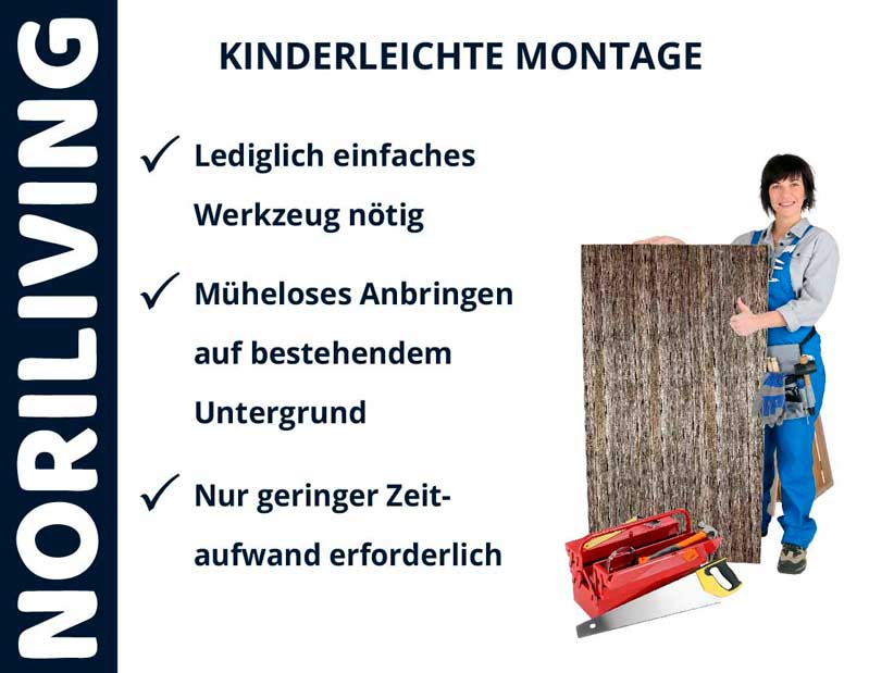 NORILIVING - Kinderleichte Montage mit einfachem Werkzeug Frau mit Schürze und Werkzeug hält Wandpaneel, einfaches Anbringen erklärende Punkte; NORILIVING, Kinderleichte Montage; Werkzeuge und wenig Zeitaufwand nötig.