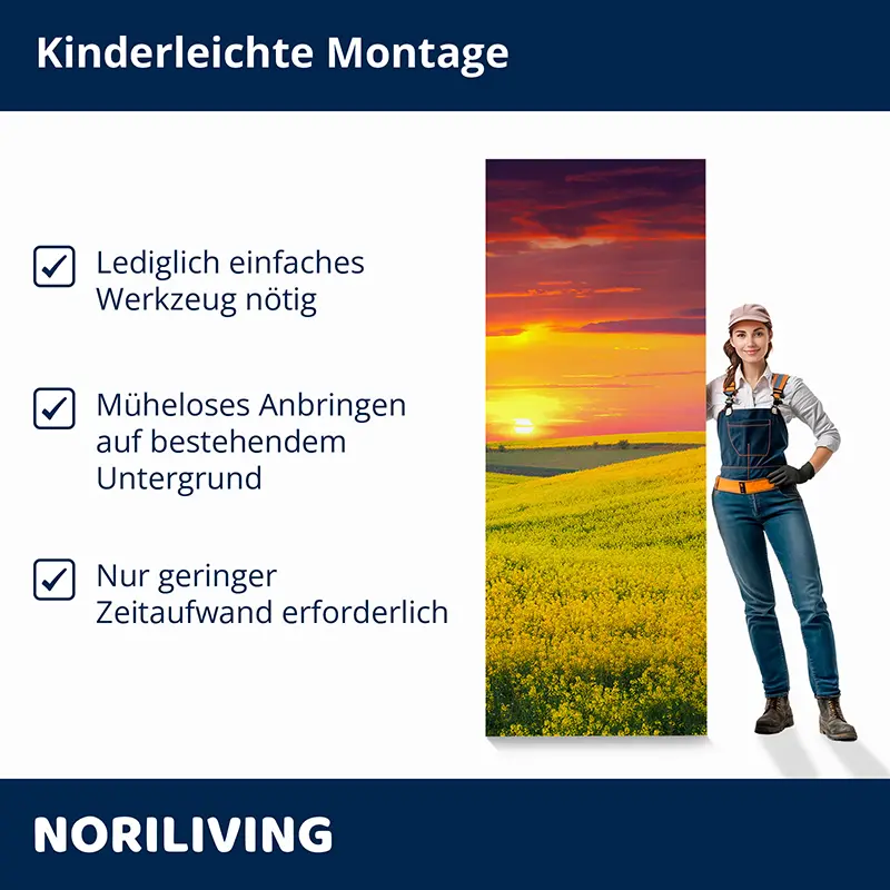 Montagegrafik mit Sonnenuntergang-Paneel und Handwerkerin