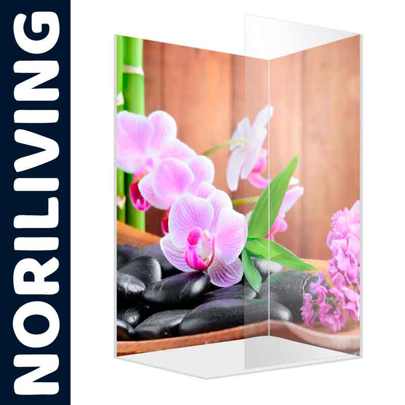 Dekorative Duschwand von Noriliving mit Orchideen, Bambus und Steinen