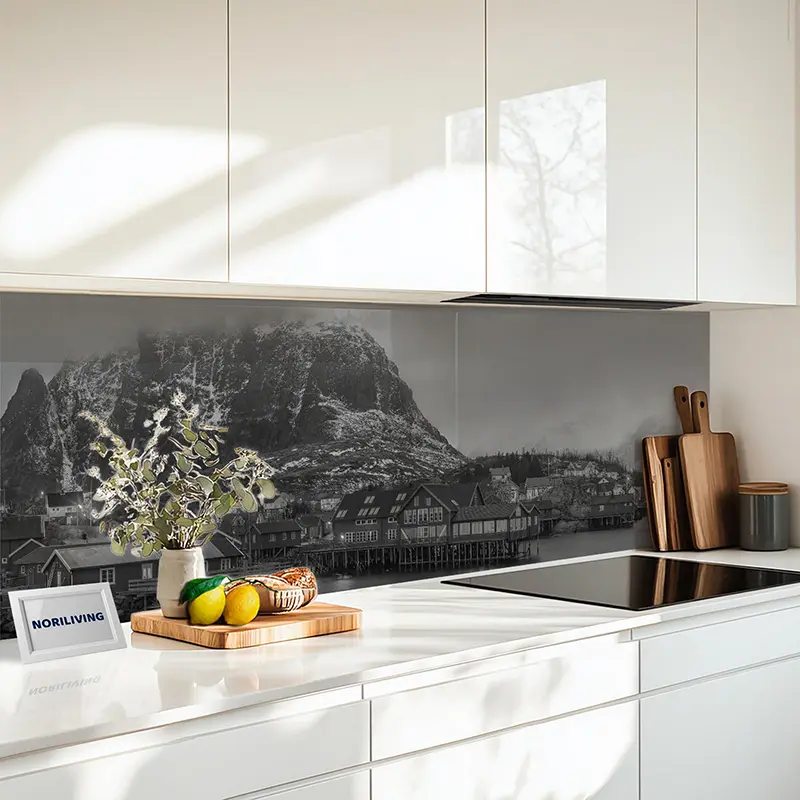 Küchenrückwand Echtglasoptik Profiline Abenddämmerung in einem Fischerdorf Norwegen 324 schwarz-weiß