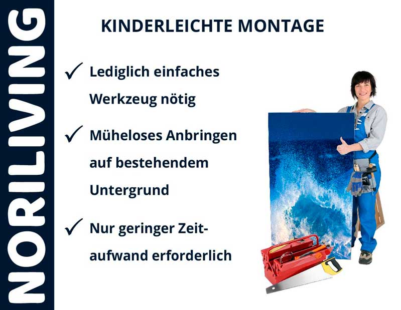 Person hält ein großes Poster vor weißem Hintergrund, daneben Text zur einfachen Montage von Noriliving