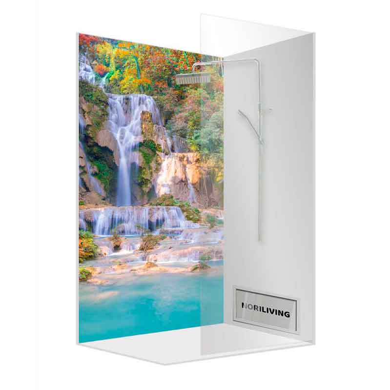 Duschkabine mit großformatigem Bild eines Wasserfalls und Herbstlandschaft