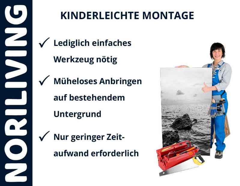NORILIVING: Kinderleichte Montage mit minimalem Werkzeugaufwand NORILIVING-Display zeigt eine Person beim einfachen Anbringen eines Bildes; müheloses Anbringen und geringer Zeitaufwand hervorgehoben