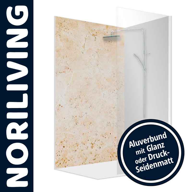 Duschwand aus Aluverbund mit glänzender oder seidenmatter Oberfläche, ideal für ein modernes Badezimmer