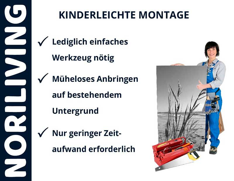 Noriliving - Einfache Montage mit minimalem Werkzeugaufwand Noriliving Produktanzeige mit einfacher Montageanleitung und abgebildetem Handwerker