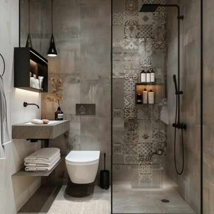 Ein stilvolles Badezimmer mit Regendusche, beige Fliesen und schwarzen Akzenten. Moderne Ausstattung mit Wandregalen, Spiegel und Handtüchern.