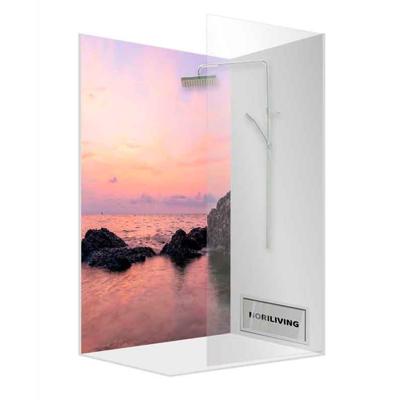 Moderne Duschwand mit integriertem Sonnenuntergang über dem Meer und Felsenmotiv