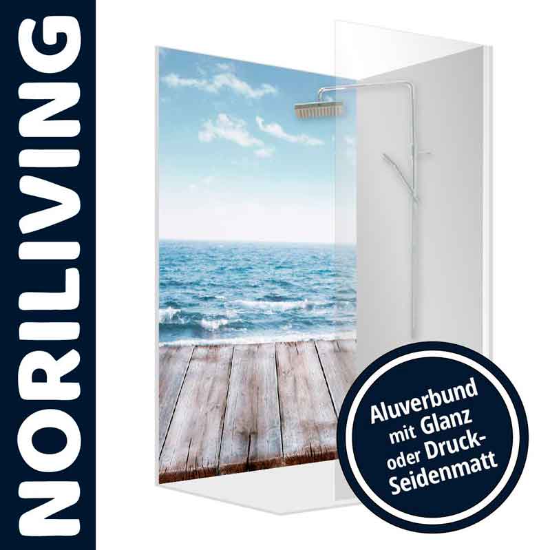 Noriliving Duschwand mit Meerblick-Design, Aluverbund Glanz oder Druck-Seidenmatt Duschwand mit Meerblick-Motiv und Aluverbund-Oberfläche, bietet Wahl zwischen Glanz und Druck-Seidenmatt