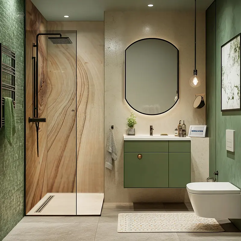 Grünes Badmöbel, Dusche und Wandspiegel