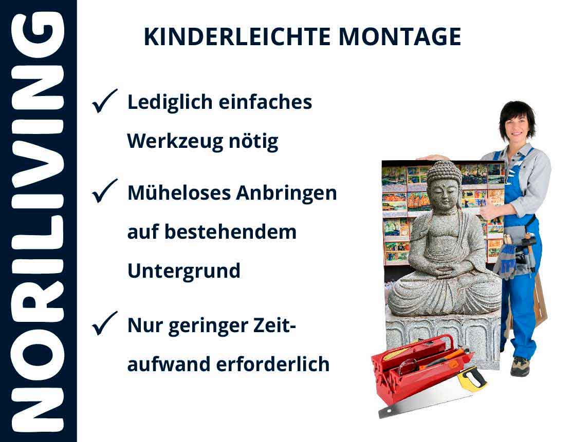 Montagehilfe: Person neben Buddha-Statue und Werkzeug, bietet einfachen Aufbau