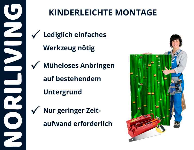 Frau mit Werkzeuggürtel zeigt auf eine Trennwand mit grünen Bambusmotiven, daneben der Text 'Kinderleichte Montage' mit leicht verständlichen Anweisungen.