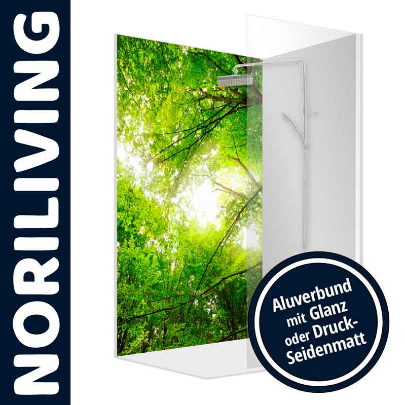 Duschwand mit Waldmotiv und Aluverbund, Glanz oder Matt Duschwand mit Waldmotiv in Aluverbund, wahlweise glänzend oder matt